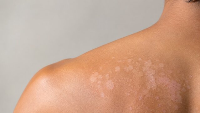 Close-up of human shoulder with skin discoloration and patchy areas on medium skin tone background