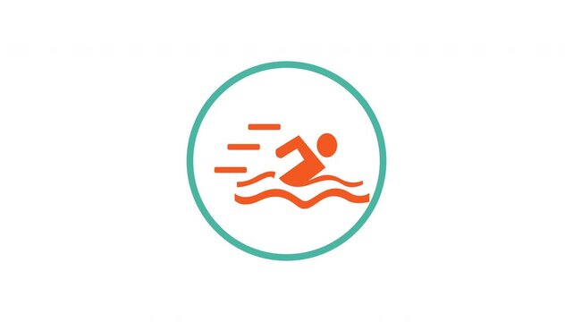 Orange swimmer icon moving through waves inside a teal circle frame
