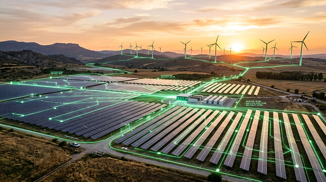 Solar panel farm with wind turbines generating renewable energy at sunset