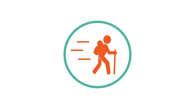 Animated hiker icon trekking inside a circular frame