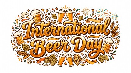 Obraz premium International Beer Day typography design. Festive holiday lettering with beer mugs.