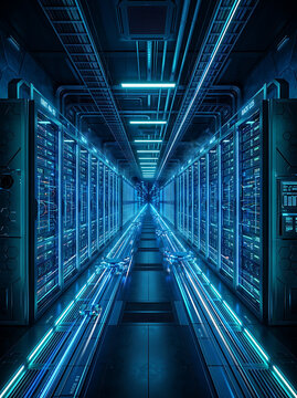 Symmetrical data center corridor with glowing server racks