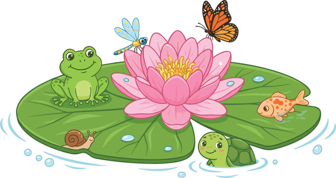 Cute cartoon pond life illustration with pink lotus flower frog turtle butterfly fish snail and dragonfly vector