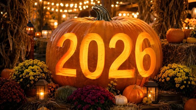 A giant carved pumpkin displays the year 2026, illuminated from within, surrounded by autumnal decorations, creating a festive Halloween and New Year's Eve ambiance.