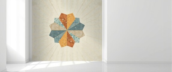 Geometric Wall Mural Design in Neutral Room with Bright Colors © VRVisionary