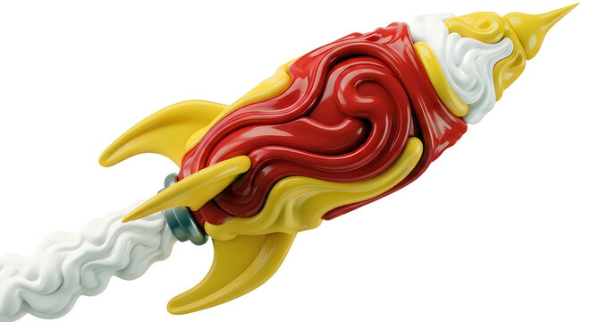 Colorful abstract rocket with swirling red, yellow, and white liquid patterns against white background.