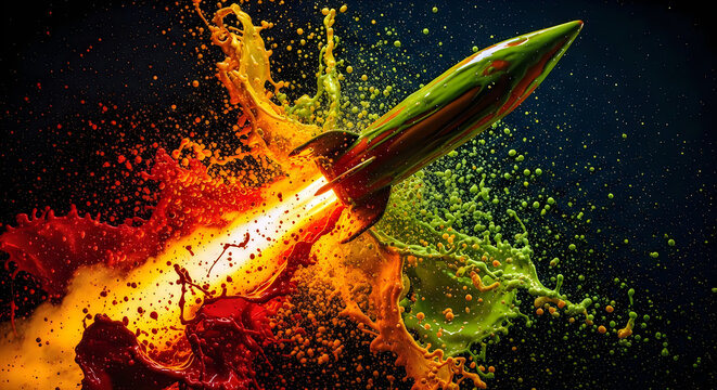 Colorful abstract rocket flight with vibrant liquid paint splashes.