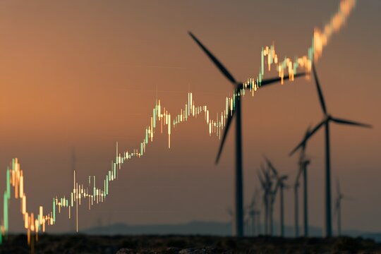 A rising financial graph overlaying wind turbines at sunset, symbolizing growth in renewable energy investments.