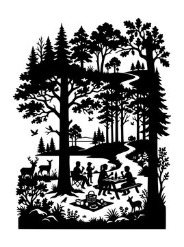 Black and white silhouette of a family picnic in a forest landscape