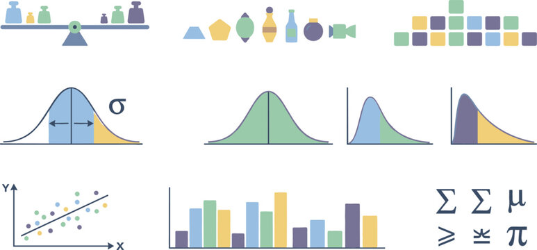 Statistical data analysis infographic vector element set containing normal distribution curves scatter plots bar charts math symbols for education and analytics