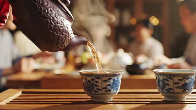 Tea is poured into bowls in a busy cafe with people enjoying their drinks and conversations