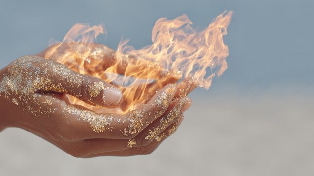 A pair of sandy hands are cupped together, holding vibrant flickering flames against a soft, blurred background.