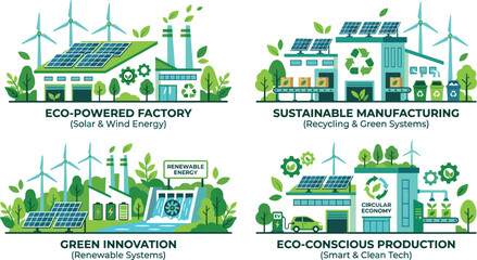 Sustainable green factory and eco friendly manufacturing vector set with solar panels wind turbines and recycling systems for corporate ESG infographic designs © AdhinChandra