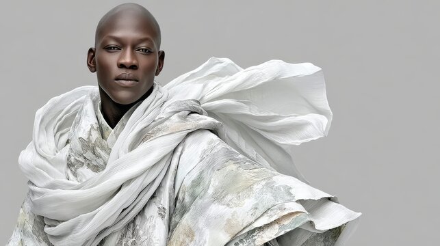 A bald Black male model is draped in flowing, ink-patterned light gray and white textured fabric, the soft cloth billowing dynamically, set against a plain neutral gray studio backdrop.

