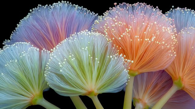 Close-up of translucent, fiber-like pastel flowers in shades of blue, peach, and white, glowing against a stark black background.