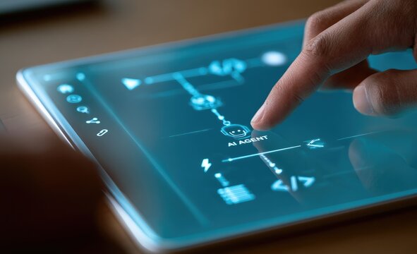 Close-up of a finger interacting with a futuristic holographic interface on a tablet.