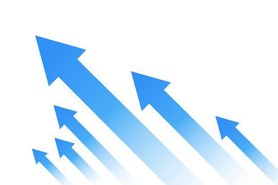 Multiple blue arrows pointing upwards and to right on transparent background representing growth or success.
