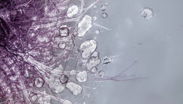 Abstract Ice Crystals and Purple Fibers on a Gray Background