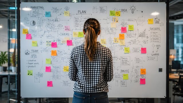 Businesswoman organizing strategy workshop with sticky notes for agile planning innovation collaboration and project management
