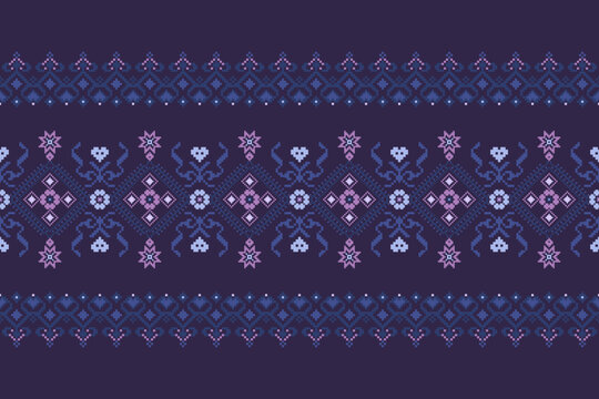 Traditional pixel folk border pattern featuring symmetrical floral and geometric motifs in deep purple, blue, and pink. Seamless ethnic-inspired textile border for fabric, wallpaper, wrapping paper, t