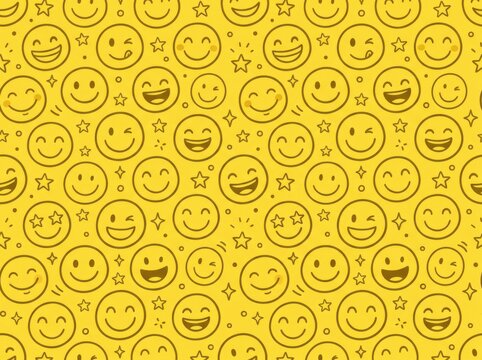 Happy Smiley Face Seamless Pattern on Bright Yellow Background
