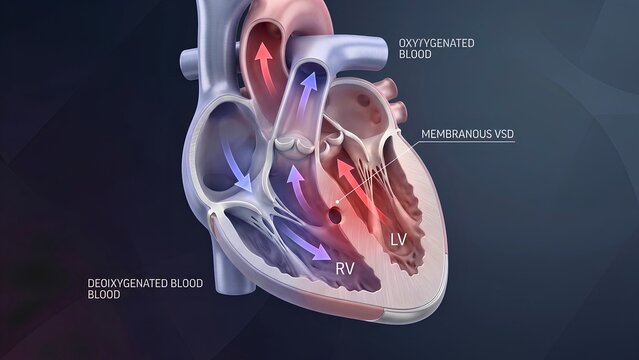 Membranous Ventricular Septal Defect Anatomy and Blood Flow Illustration