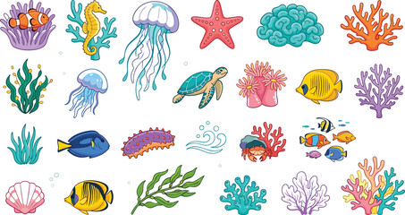 Underwater ocean life vector illustration collection set featuring fish coral jellyfish starfish and sea turtle icons for educational and marine graphic design templates © AdhinChandra