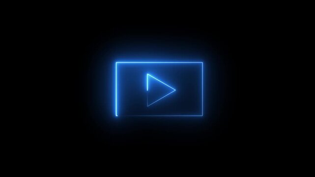 Glowing blue neon video play button icon inside rectangular frame isolated on black background, perfect for media player, streaming, and movie concept.