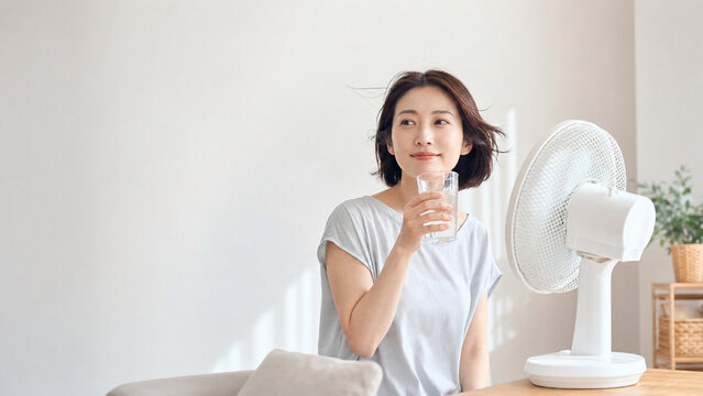 扇風機と水で夏の暑さをしのぐ日本人女性