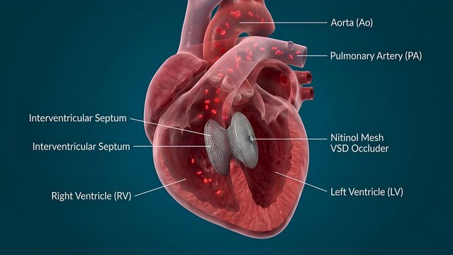 Medical Illustration of Nitinol Mesh VSD Occluder Device in Human Heart for Ventricular Septal Defect Treatment