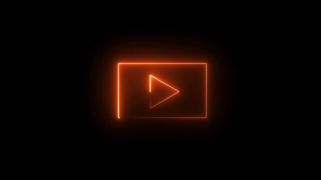Glowing orange neon video play button icon inside rectangular frame isolated on black background, perfect for media player, streaming, and movie concept.