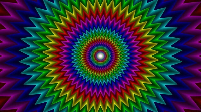 A vibrant rainbow geometric star tunnel pulses with hypnotic energy in a seamless motion graphic.