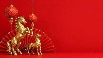 Fototapeta premium Chinese new year golden horse decoration with red lanterns symbolizing prosperity celebration and festive tradition