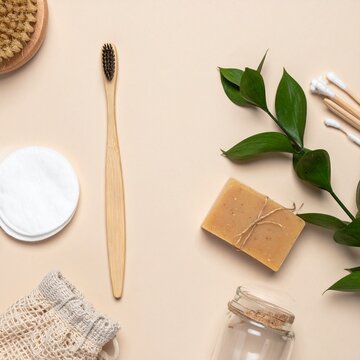 Eco Friendly Bathroom Essentials Flat Lay, Sustainable Personal Care Concept