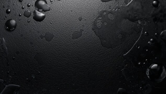 Water Drops on Textured Black Leather Background