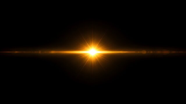 Golden cinematic lens flare light effect isolated on black background for visual effects motion graphics and digital design