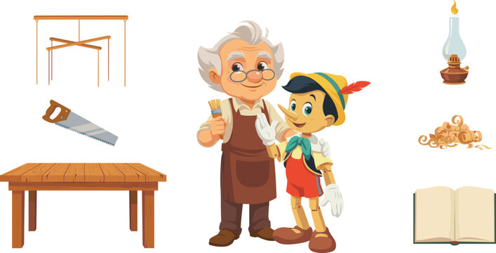 Geppetto and Pinocchio Carpentry Workshop Vector Character Set Featuring Woodcarver Wooden Puppet Marionette Crossbar Hand Saw Workbench Oil Lamp Shavings And Open Book