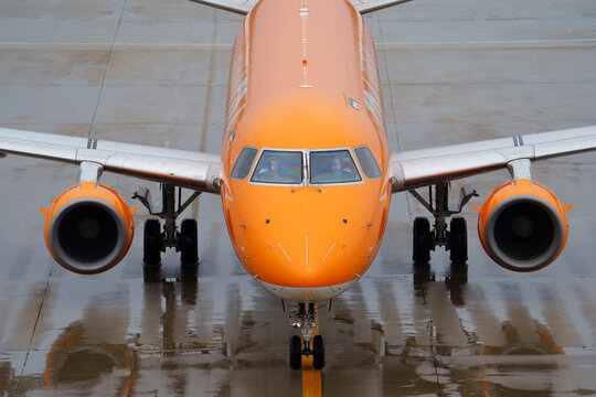 Fuji Dream Airlines (FDA) Embraer E175 (JA05FJ) head-on on the taxiway in the rain on April 4, 2021 in Niigata, Japan.