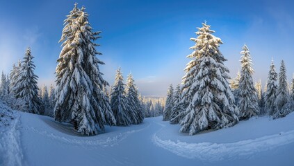 Fototapeta premium Snow-Covered Pine Trees on Winter Trail - Panoramic View, Clear Blue Sky