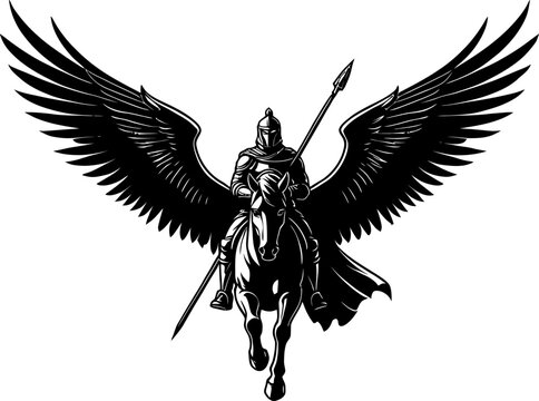 Knight on pegasus vector illustration, Medieval knight in armor with spear riding winged horse, epic fantasy warrior art isolated on white background