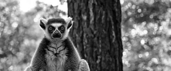 Lemur Staring Curiously - Forest Background, Black and White, Close-Up © VRVisionary