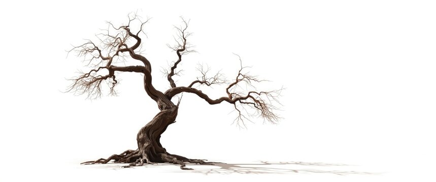 Gnarly Branchless Tree with Exposed Roots - Isolated on White, High Detail, Artful Shadow