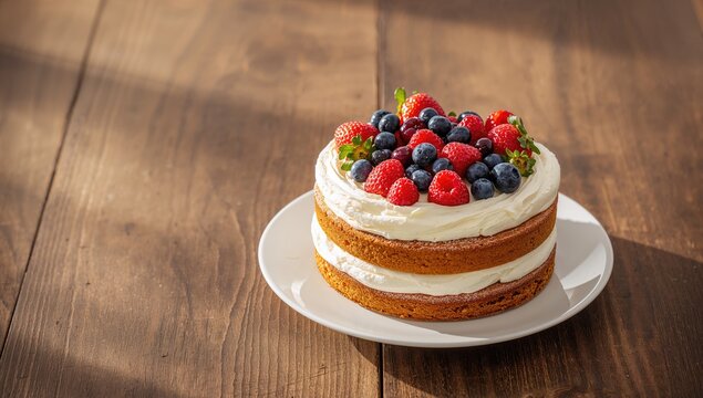 Layered Fruit Cake with Berries - Rustic Wooden Table, Soft Light