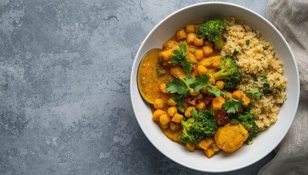 Vegetable curry with couscous and broccoli in a bowl