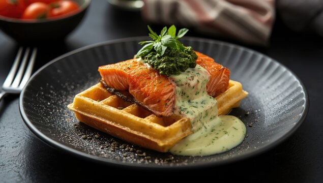 Salmon fillet on waffles with sauce and herbs