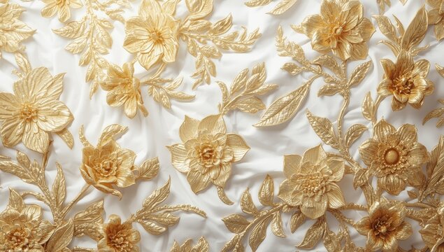 Gold floral embroidery on white fabric background