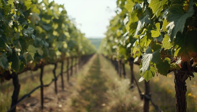 Vineyard rows with lush green grape leaves in summer