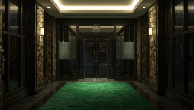 Elegant hotel entrance with green carpet and glass doors