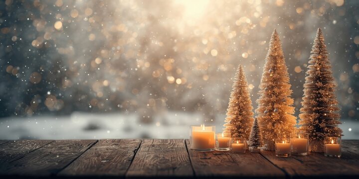 Christmas decorations with candles and miniature trees on wood table
