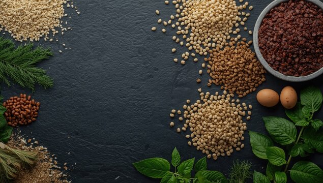 Variety of grains and herbs on a dark stone surface